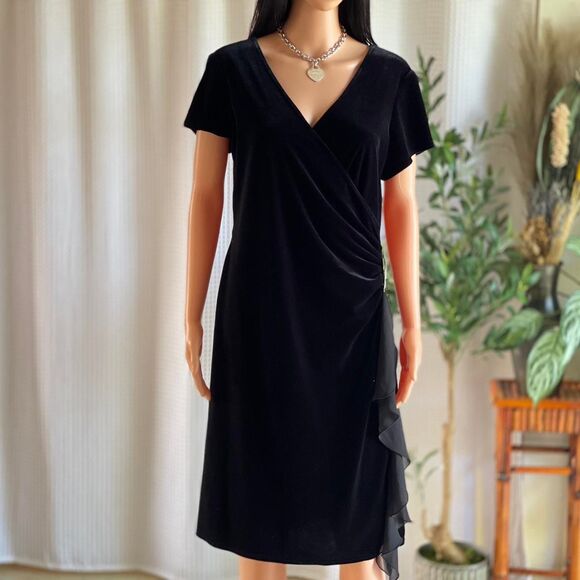 Vintage 90s Jessica Howard Black Velvet Faux Wrap Dress Made in Hong Kong Sz 14P - Picture 3 of 8